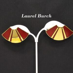 Laurel Burch Red Fan Post Earrings, Gold Plated, Red Metallic Enamel, 1980s